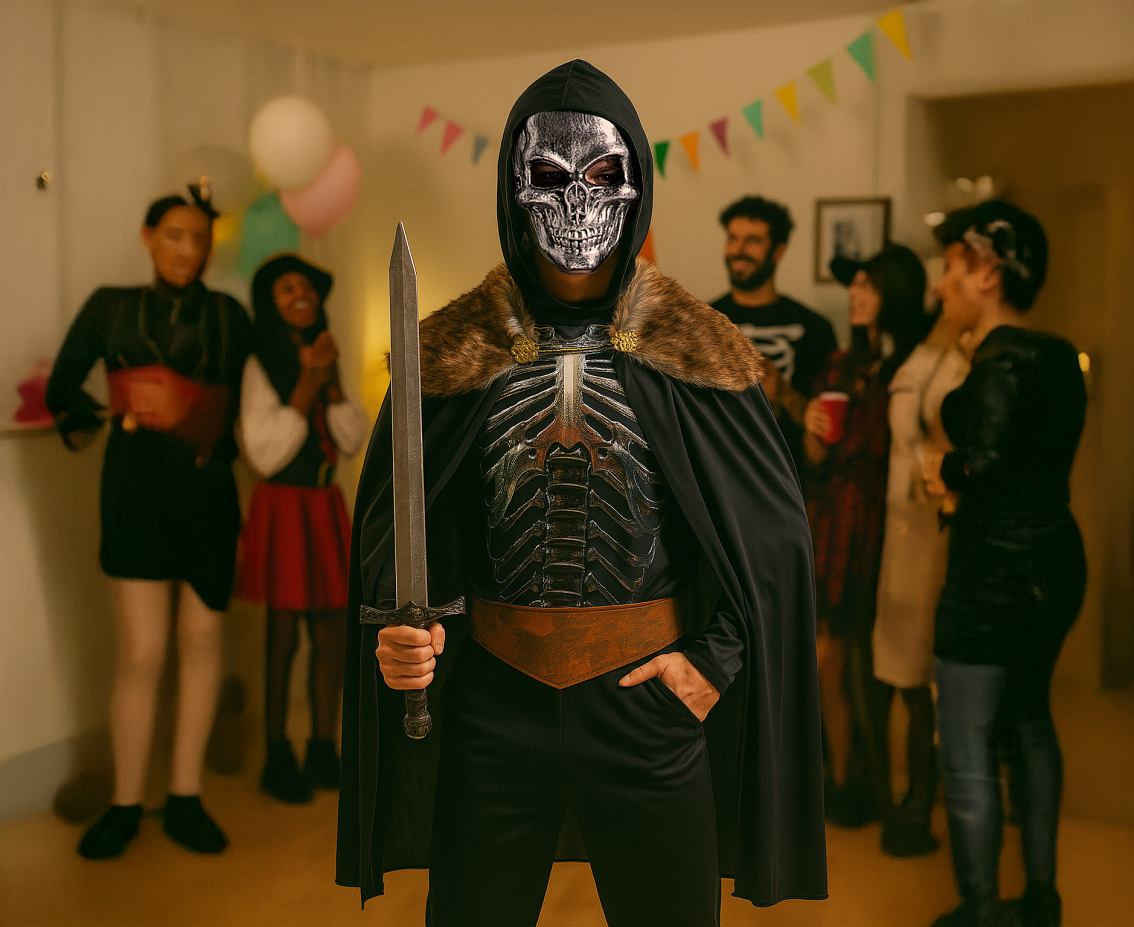 Role play set for men Skeleton Knight (hooded top, mask, cape, belt), size 52